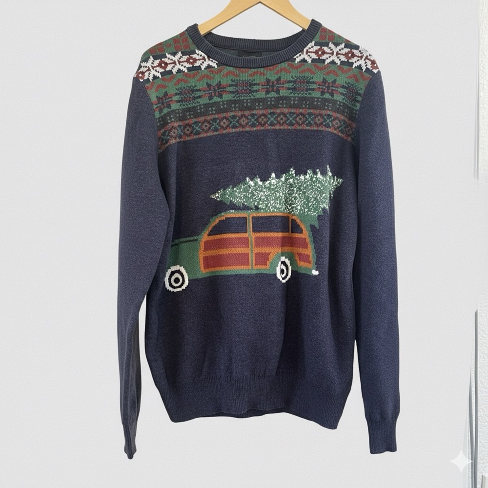 14th & Union Mens M Christmas Sweater Navy Blue Woody Station Wagon Fair Isle